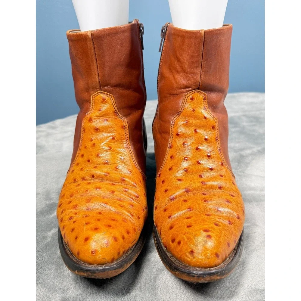 Durango Boots Mens 8.5 D Brown Ostrich Print Leather Ankle Zip Western